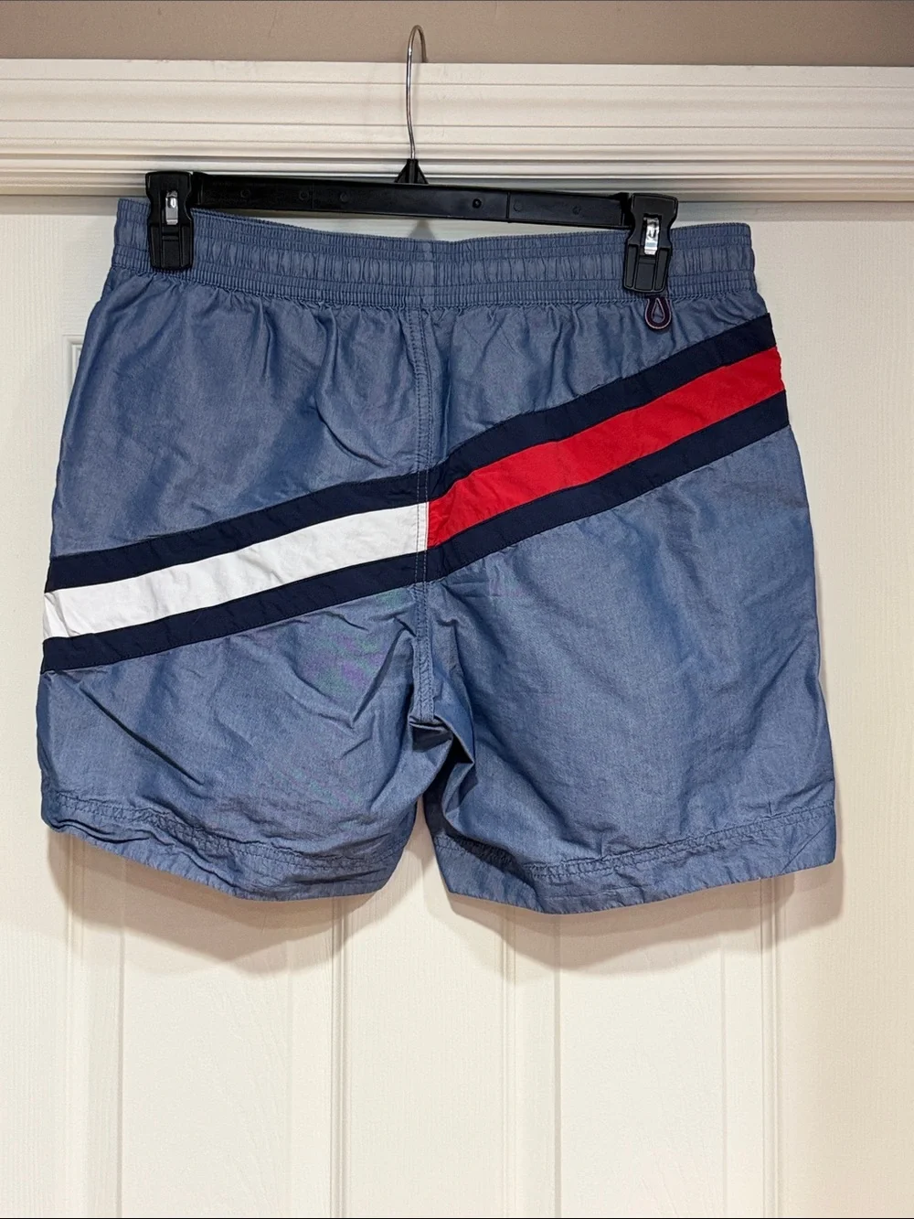 Tommy Hilfiger Men’s Blue Swim Trunks with Red & White Diagonal Stripe